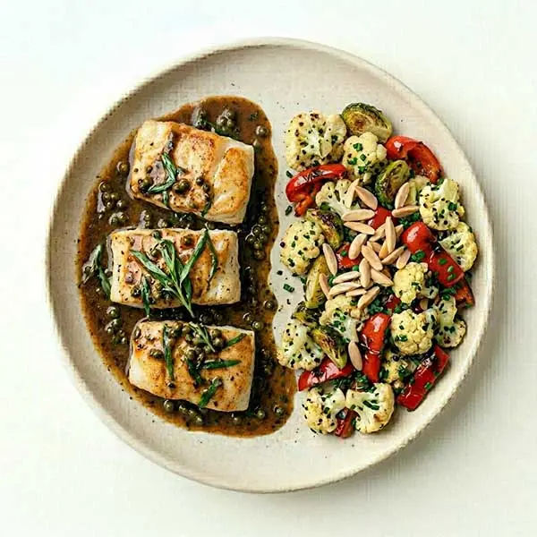 Tarragon Brown Butter Fish With Chive Roasted Vegetables